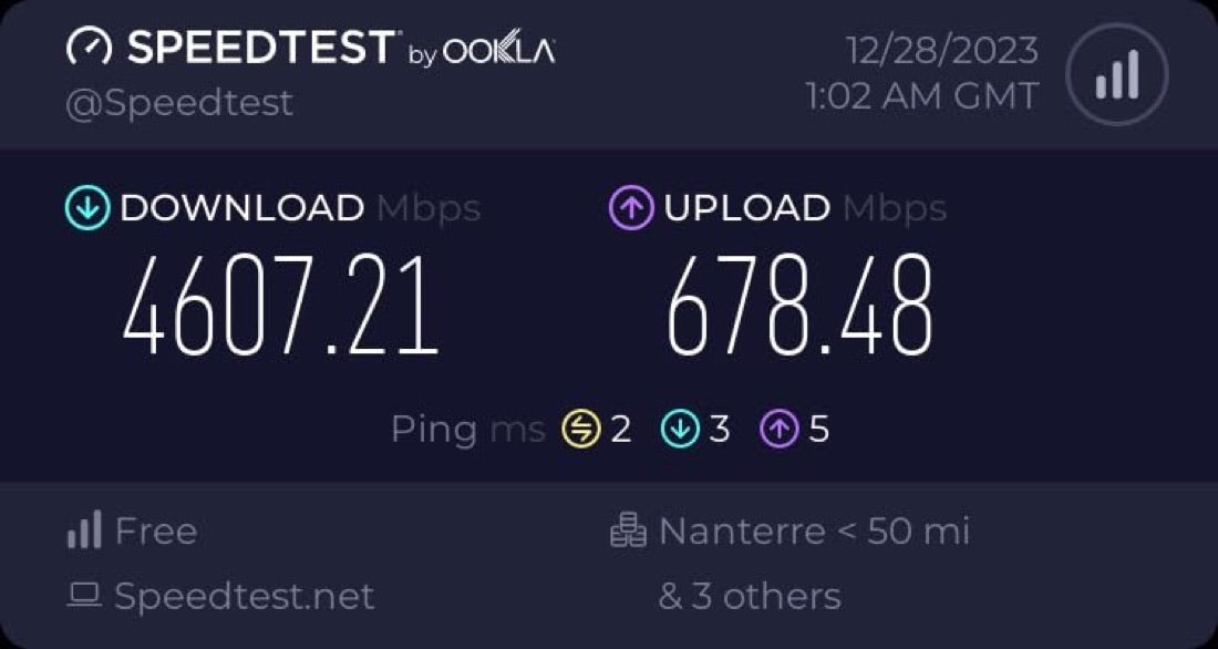 Speedtest Ookla 4607 Mbps en download avec le câble SpeedOptic, abonné Free